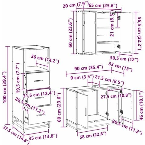 Set di mobili per il bagno con cassetto 3 pcs Legno vecchio - Foto 8
