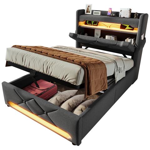 Letto Singolo Grigio Con Led A 360°, Testiera Usb E Contenitore - Foto 1
