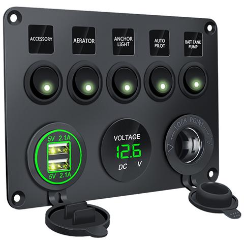 Pannello Interruttori Con 5 Interruttori, Voltmetro, 2 Usb E Presa Di Corrente Black+green - Foto 1
