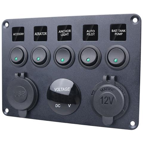 Pannello Interruttori Con 5 Interruttori, Voltmetro, 2 Usb E Presa Di Corrente Black+green - Foto 2