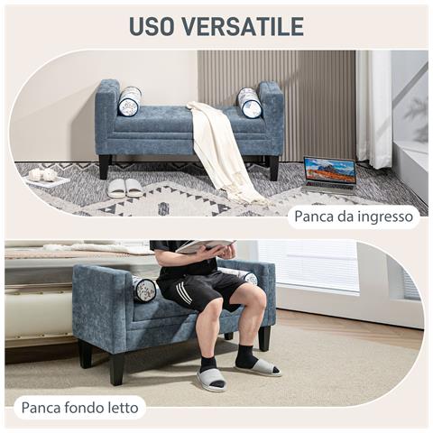 Panca Fondoletto con Braccioli Trapuntati e 2 Cuscini, in Ciniglia e Legno, 115.5x45x56 cm, Grigio e Nero - Foto 2