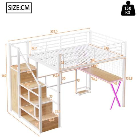 Letto A Soppalco 140x200cm , Luce D'ambiente, Scala Di Contenimento, Scrivania, Armadio, Scaffali, Senza Materasso, Bianco - Foto 2
