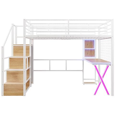 Letto A Soppalco 140x200cm , Luce D'ambiente, Scala Di Contenimento, Scrivania, Armadio, Scaffali, Senza Materasso, Bianco - Foto 4