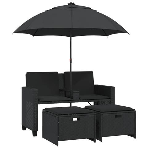 Divano Giardino 2 Posti Ombrellone e Sgabelli Nero Polyrattan - Foto 1