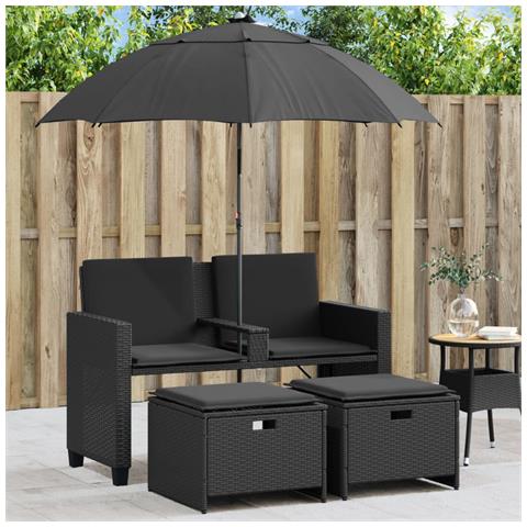 Divano Giardino 2 Posti Ombrellone e Sgabelli Nero Polyrattan - Foto 2