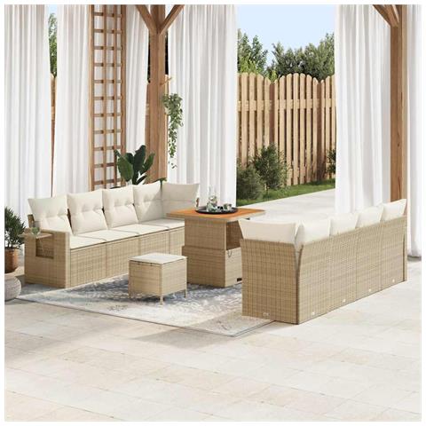Set divani giardino 11 pezzi con cuscini beige in rattan polietilene acacia,  Set pranzo giardino 3 pezzi con cuscini beige in rattan polietilene acacia - Foto 2