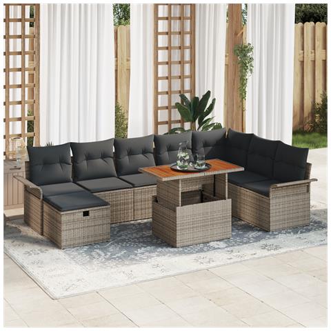 Set Divano Giardino 9 Pezzi con Cuscini Grigio Poly Rattan - Foto 2