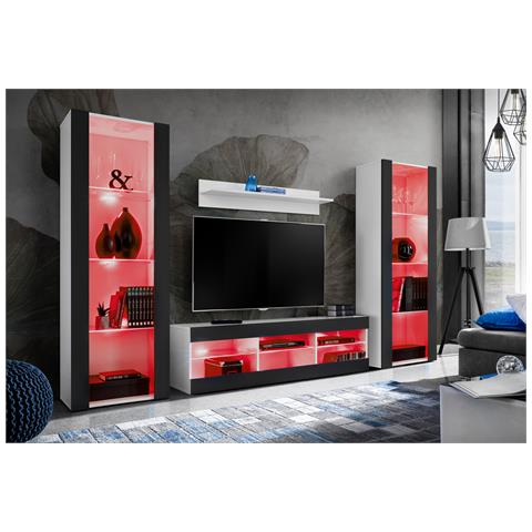 Komodee, Set di mobili porta TV Tivoli Grande RTV, Bianco Nero, LED RGB, Larghezza 250 cm x Altezza 159 cm x Profondità 35 cm, Per soggiorno, Camera da letto - Foto 2
