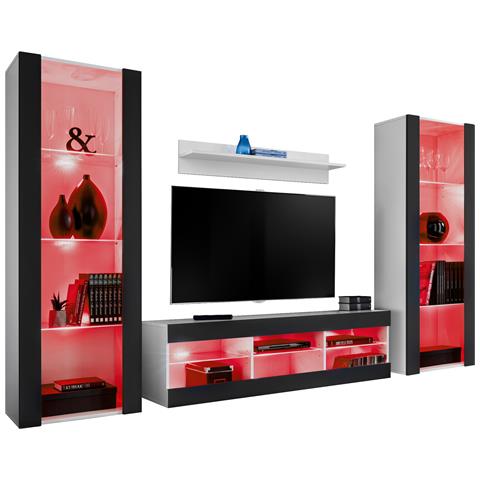 Komodee, Set di mobili porta TV Tivoli Grande RTV, Bianco Nero, LED RGB, Larghezza 250 cm x Altezza 159 cm x Profondità 35 cm, Per soggiorno, Camera da letto - Foto 1