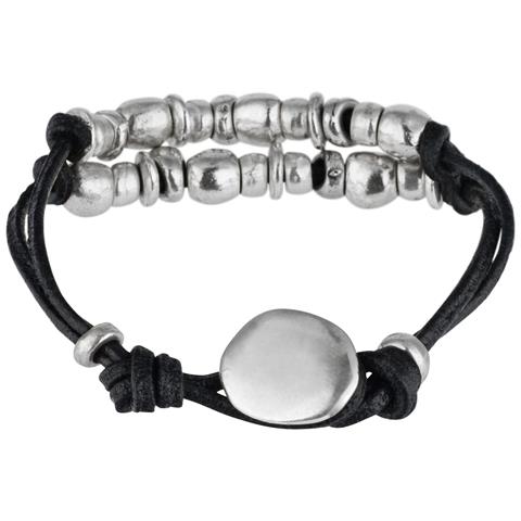 Bracciale Doppio In Pelle Nera, Placcato Argento - Foto 2