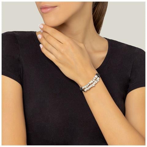 Bracciale Doppio In Pelle Nera, Placcato Argento - Foto 3