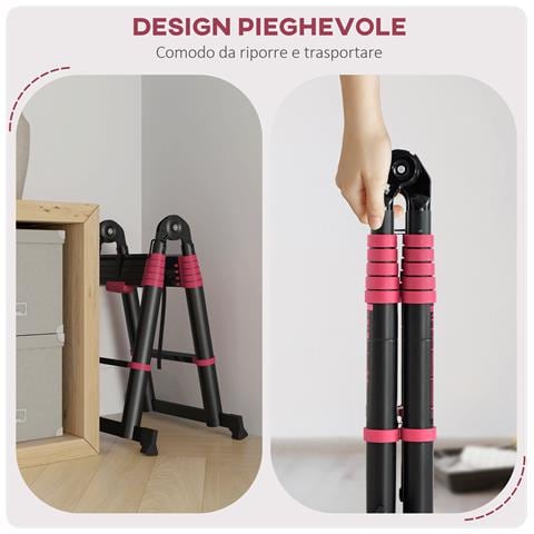 Scala Telescopica Pieghevole A 12 Gradini, In Alluminio E Nylon, 379x67.5x11 Cm, Nera E Rossa - Foto 1