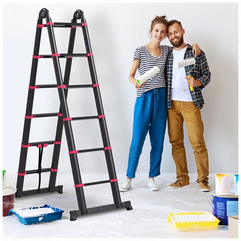 Scala Telescopica Pieghevole A 12 Gradini, In Alluminio E Nylon, 379x67.5x11 Cm, Nera E Rossa - Foto 6