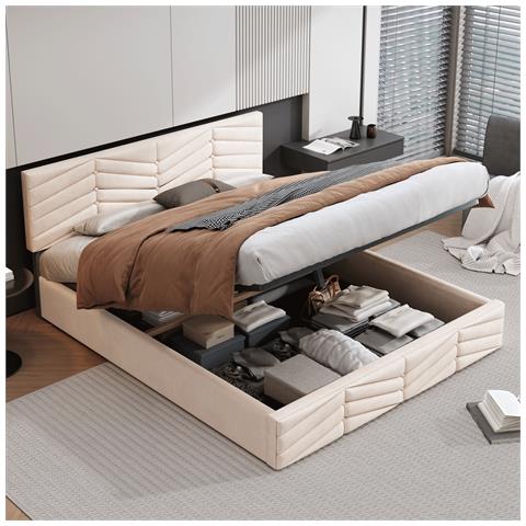 Letto Contenitore,letto Imbottito Contenitore Con Rete A Doghe E Testata, Con Vani Letto Idraulici,140 X 200 Cm, Beige, Senza Materasso - Foto 1