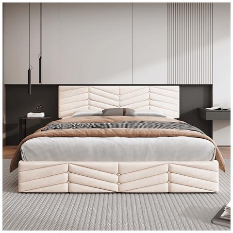 Letto Contenitore,letto Imbottito Contenitore Con Rete A Doghe E Testata, Con Vani Letto Idraulici,140 X 200 Cm, Beige, Senza Materasso - Foto 4