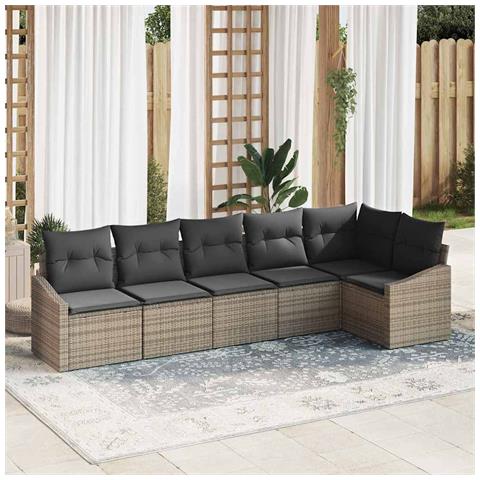 Set da pranzo per giardino 6 pezzi con cuscini grigio polirattan - Foto 2