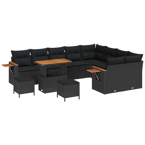 Set di divani da giardino 12 pezzi con cuscini Polyrattan Nero Acacia, Set da pranzo da giardino 3 pezzi con cuscini Polyrattan Nero Acacia - Foto 1