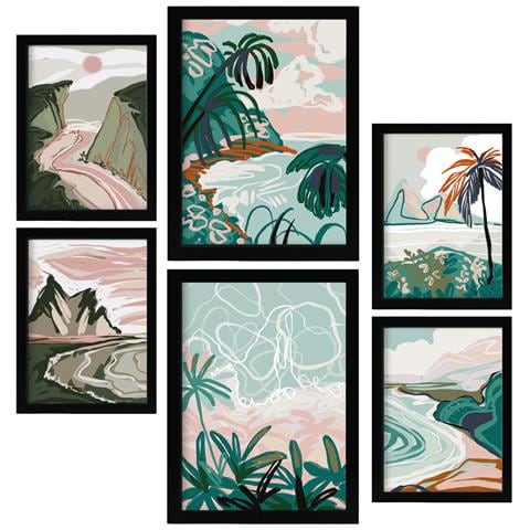 Set Di 6 Stampe Cornici Di Spiagge 1 In Sfondi Astratti Dipinti Decorativi Estetici Per Il Tuo Soggiorno Di Casa A3 & A4 Cornice Nera - Foto 1