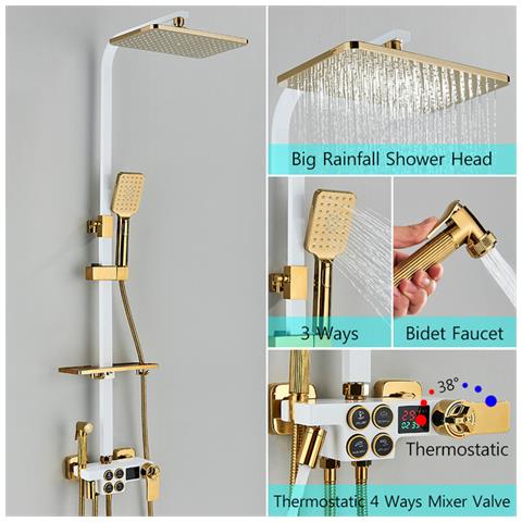 Colonna doccia, Blackswan, tipo M141, modello regolabile bianco /oro, con termostato, bocca girevole, doccia ad alta pressione e display digitale, misura 110 cm - Foto 2