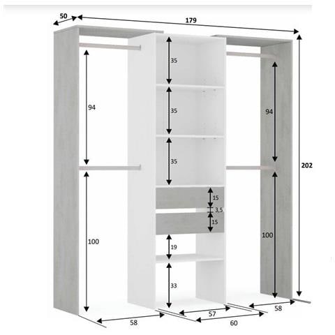 Guardaroba Miramar, Struttura Per Cabina Armadio, Armadio Aperto Senza Ante, Cabina Armadio, 179x50h202 Cm, Bianco E Cemento - Foto 3