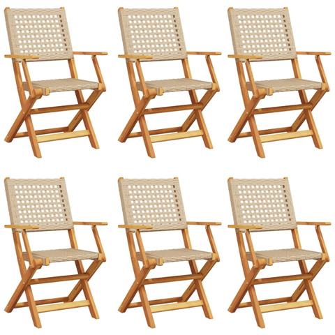 Sedie Giardino Pieghevoli 6pz Beige Polyrattan E Legno Massello - Foto 2