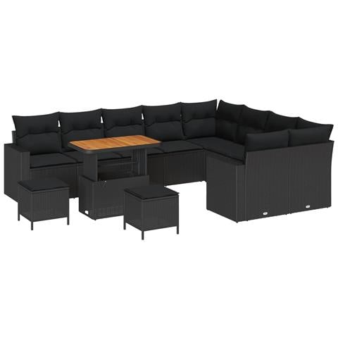 Set di divani da giardino 12 pezzi con cuscini Polyrattan nero Acacia, Set di dining da giardino 3 pezzi con cuscini Polyrattan nero Acacia - Foto 1