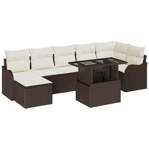 Set Divano da Giardino 8 Pezzi con Cuscini Marrone Polyrattan, Divano da Giardino 2 Posti con Stoccaggio e Cuscini Marrone Polyrattan - Foto 1