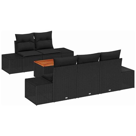 Set divano da giardino da 6 pezzi con cuscini, nero, polyrattan, acacia - Foto 1