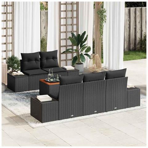 Set divano da giardino da 6 pezzi con cuscini, nero, polyrattan, acacia - Foto 2