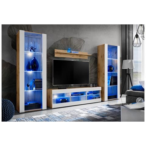 Komodee, Set di mobili porta TV Tivoli Grande RTV, Wotan Bianco, LED Blu, Larghezza 250 cm x Altezza 159 cm x Profondità 35 cm, Per soggiorno, Camera da letto - Foto 2