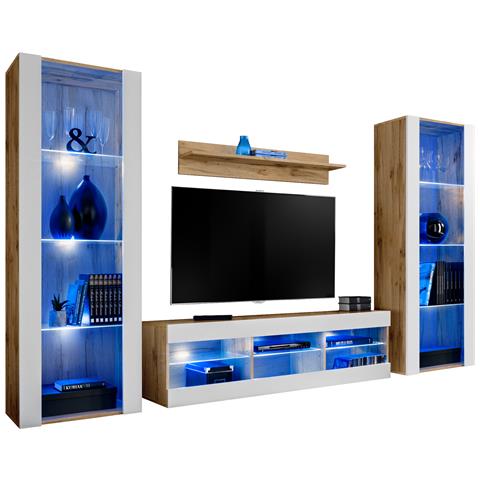 Komodee, Set di mobili porta TV Tivoli Grande RTV, Wotan Bianco, LED Blu, Larghezza 250 cm x Altezza 159 cm x Profondità 35 cm, Per soggiorno, Camera da letto - Foto 1