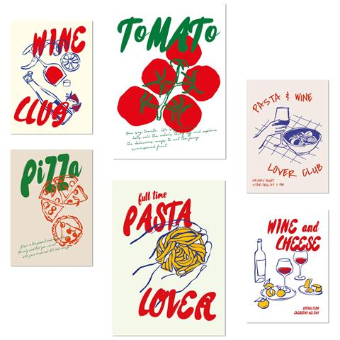 Set Di 6 Stampe Illustrazioni Di Cibo In Stile Pop Art Con Pomodori, Pasta E Pizza. Illustrazioni Di Design Per Le Stanze Della Casa. A3 & A4 Senza Cornice - Foto 1