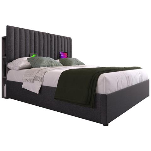 Letto Con Contenitore E Testata Led Con Ricarica Usb/type-c In Lino Grigio - Foto 1
