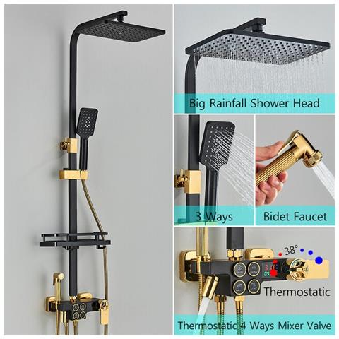 Colonna doccia, Blackswan, tipo M140, modello regolabile nero /oro, con termostato, bocca girevole, doccia ad alta pressione e display digitale, misura 110 cm - Foto 2