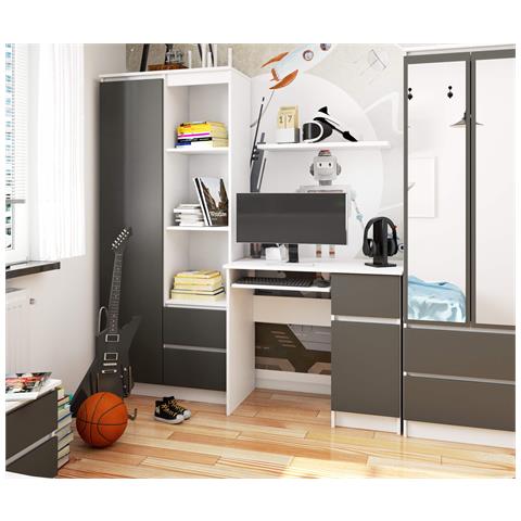 Scrivania per computer PIKSEL destro, 1 anta e 1 cassetto, 90x50x77 cm, Colore Bianco e Grigio Grafite - Foto 5