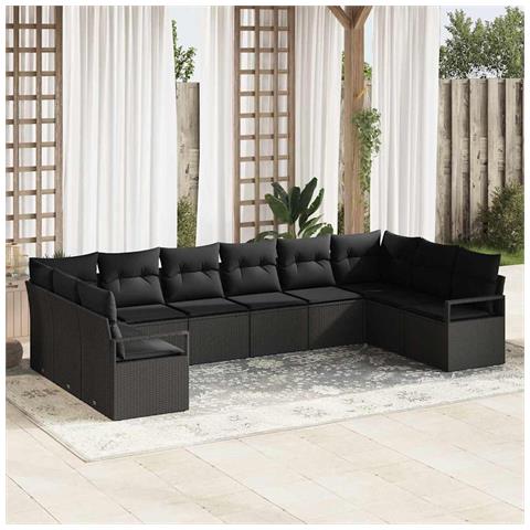 Set Divano da Giardino 10 Pezzi con Cuscini Nero Polyrattan, Divano da Giardino 2 Posti con Cuscini Nero Polyrattan - Foto 2