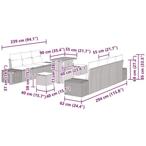 Set Divano da Giardino con cuscino 10 pcs Grigio Poly Rattan - Foto 9