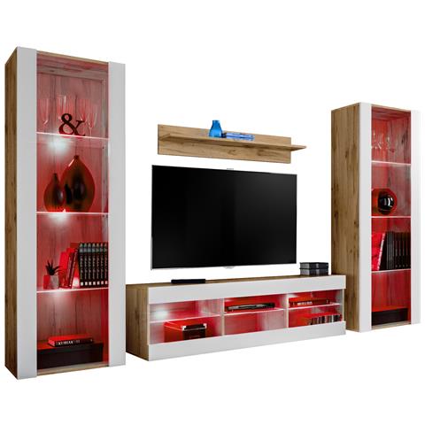 Komodee, Set di mobili porta TV Tivoli Grande RTV, Wotan Bianco, LED RGB, Larghezza 250 cm x Altezza 159 cm x Profondità 35 cm, Per soggiorno, Camera da letto - Foto 1