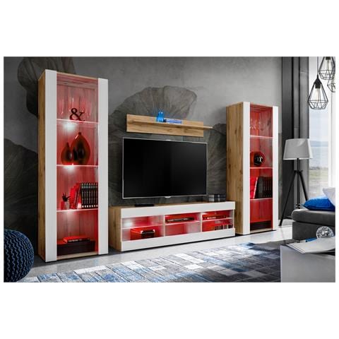 Komodee, Set di mobili porta TV Tivoli Grande RTV, Wotan Bianco, LED RGB, Larghezza 250 cm x Altezza 159 cm x Profondità 35 cm, Per soggiorno, Camera da letto - Foto 2