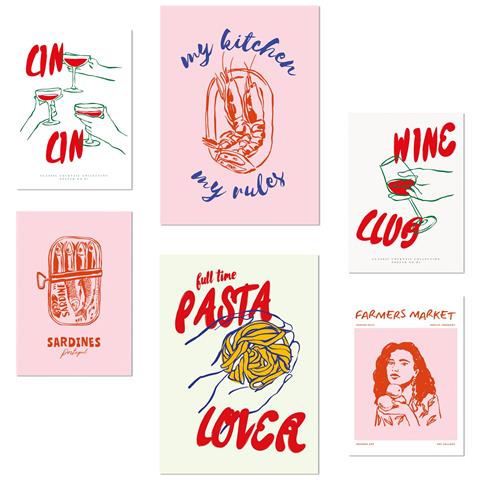 Set Di 6 Stampe Illustrazioni Di Cibo E Cibo In Stile Pop Art Nei Toni Del Rosa. Progetta Illustrazioni Per Le Pareti Di Casa Tua. A3 & A4 Senza Cornice - Foto 1