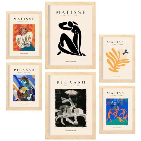 Set Di 6 Stampe Dipinti Astratti Di Picasso E Matisse, Stampe Del Fauvismo E Del Surrealismo Per L'interior Design A3 & A4 Telaio In Legno Chiaro - Foto 1