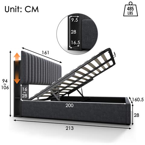 Letto Con Contenitore E Testata Led Multifunzione In Lino Grigio - Foto 2