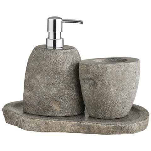 Set Bagno Gara In Pietra Riverstone — Dispenser, Portaoggetti E Vassoio - Foto 1