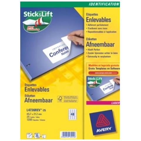 Zweckform L4736rev-25 Etichette Autoadesive 21.2x45.7 Mm Confezione 25 Fogli X 48 Etichette / foglio Bianco Opaco - Foto 1