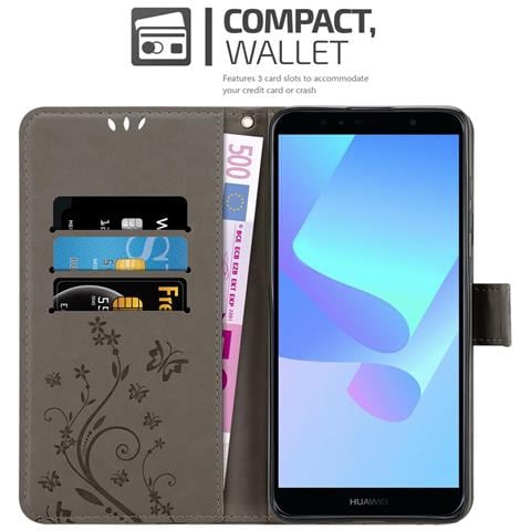Cadorabo Custodia Compatibile Con Huawei Y6 Prime 2018/honor 7a In Grigio Fiore - Coperchio Protettivo In Design Floreale Con Chiusura Magnetica, Funzione Stand E Slot Per Carte - Foto 2
