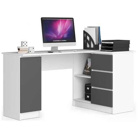 Scrivania ad angolo B20 destro, 1 anta e 3 cassetti, 155x85x77 cm, Colore Bianco e Grigio Grafite - Foto 1
