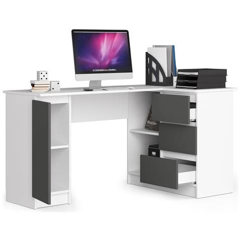 Scrivania ad angolo B20 destro, 1 anta e 3 cassetti, 155x85x77 cm, Colore Bianco e Grigio Grafite - Foto 2