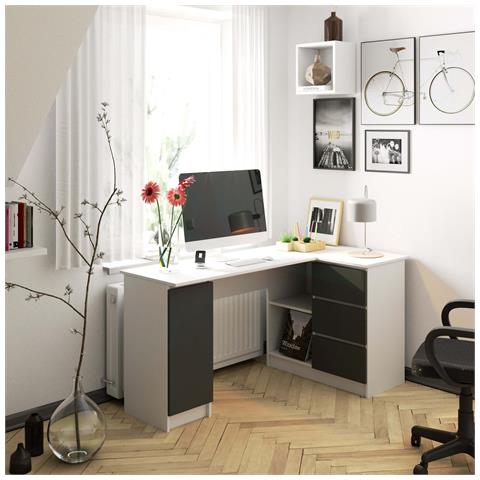 Scrivania ad angolo B20 destro, 1 anta e 3 cassetti, 155x85x77 cm, Colore Bianco e Grigio Grafite - Foto 5