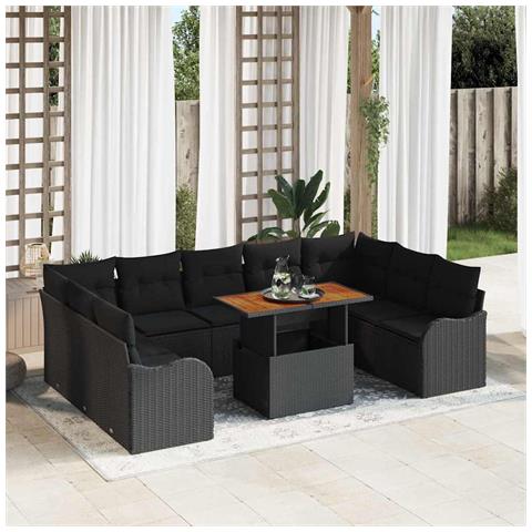 Set Divano da Giardino 10 Pezzi con Cuscini Nero Rattan Acacia,  Divano da Giardino per Due Persone con Cuscini Nero Rattan - Foto 2