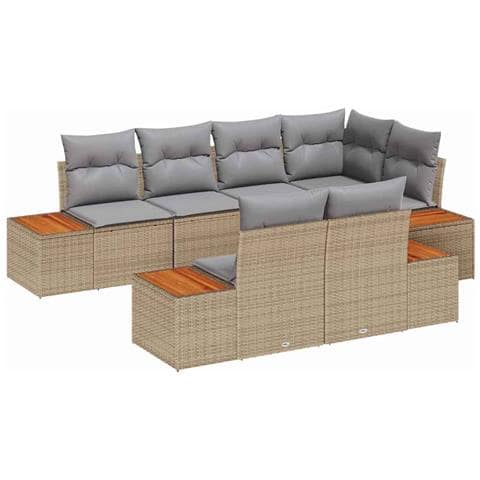 Set Divano da Giardino da 7 Pezzi con Cuscini Beige e Rattan Poliacacia - Foto 1